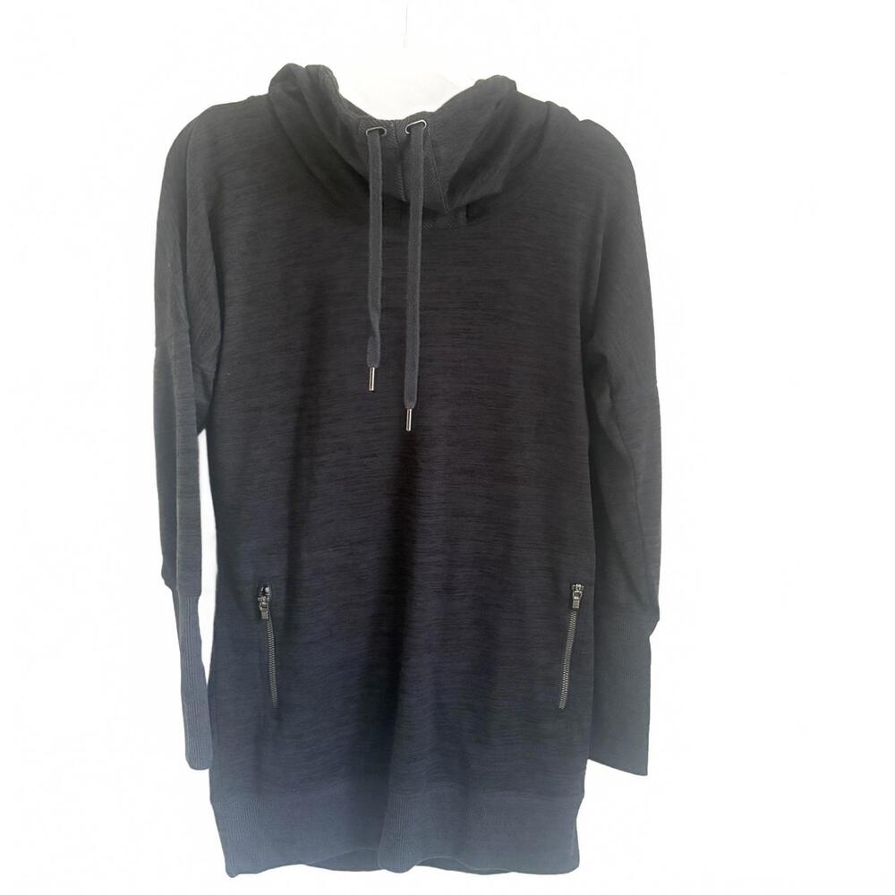 Athleta | Black Gray Marled Hooded Active Long Sleeve Dress Tunic Pockets Sz S